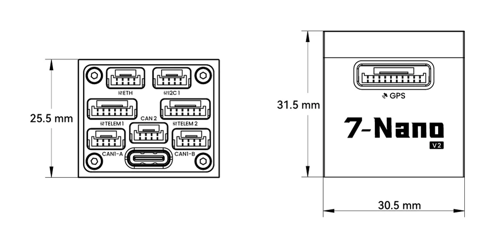 UAV ArduPilot PX4 Autopilot Drone Controller Dimension. 无人机 ArduPilot PX4 飞控 控制器尺寸. 7-Nano V2