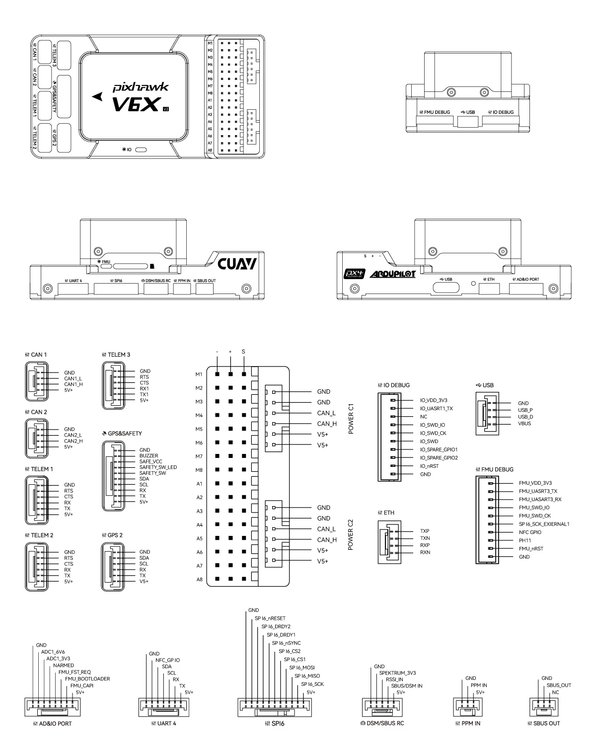 UAV ArduPilot PX4 Autopilot Drone Controller Pinouts. 无人机 ArduPilot PX4 飞控 控制器接口定义. Pixhawk V6X V2