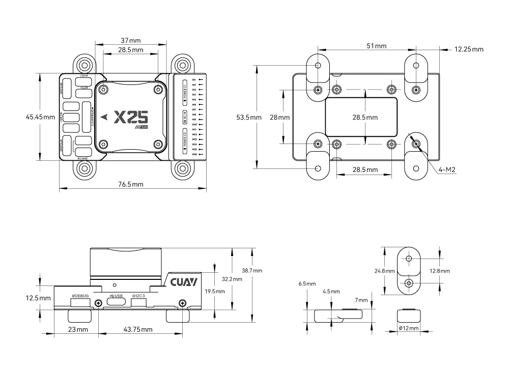 UAV ArduPilot PX4 Autopilot Drone Controller Dimension. 无人机 ArduPilot PX4 飞控 控制器尺寸. X25 EVO