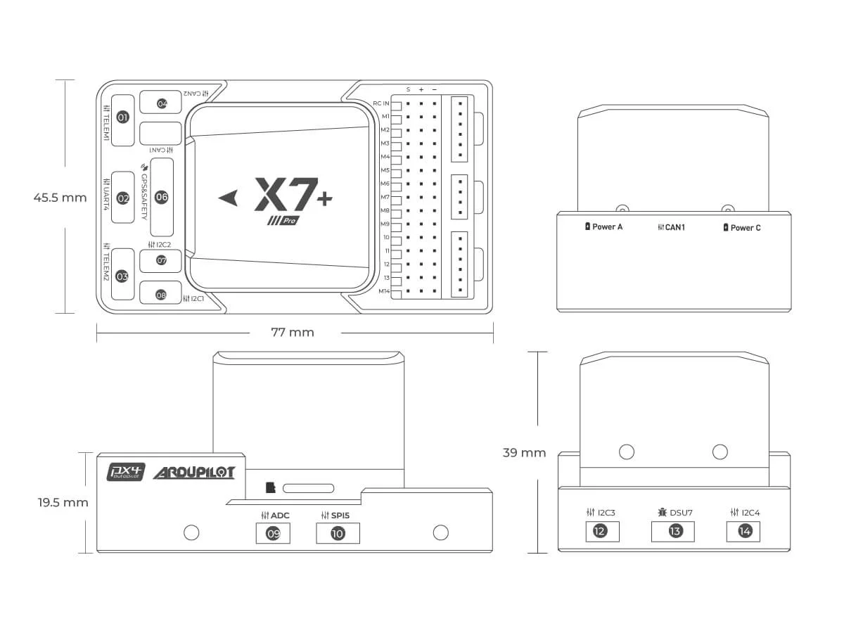 UAV ArduPilot PX4 Autopilot Drone Controller Dimension. 无人机 ArduPilot PX4 飞控 控制器尺寸. X7+ Pro X7 Plus Pro