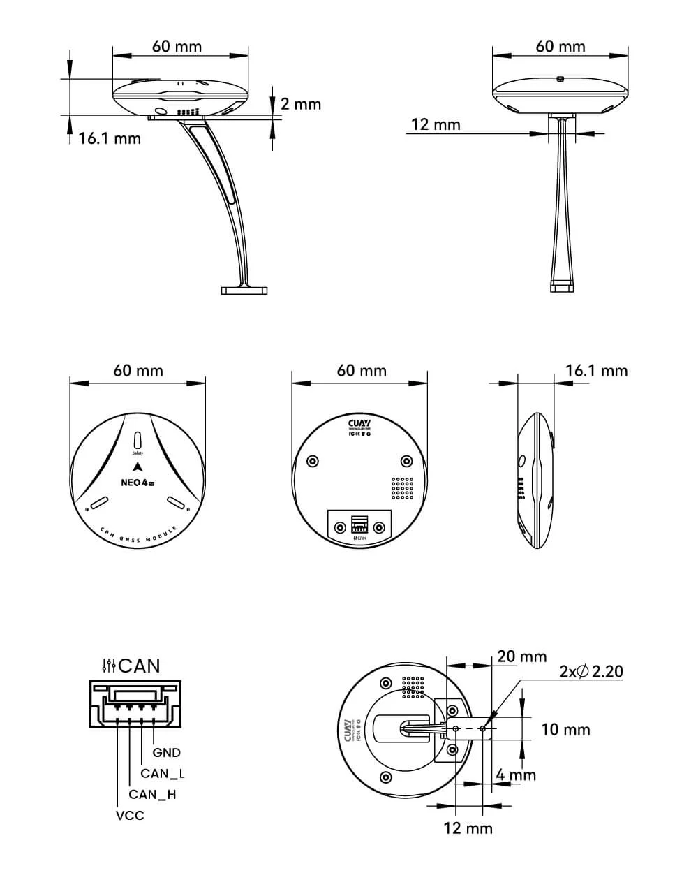 UAV DroneCAN GNSS Dimension. 无人机 DroneCAN 全球卫星定位尺寸. NEO 4 SE
