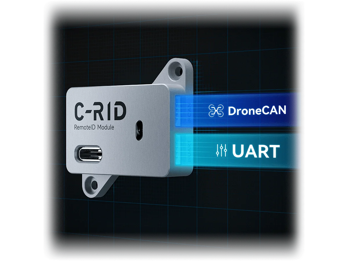 C-RID 支持 DroneCAN 总线和 UART。Supported DroneCAN Bus and UART.