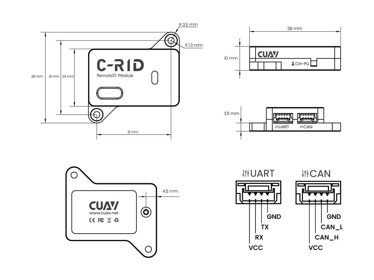 CUAV Remote ID Broadcast Module Dimension. 无人机唯一 ID 模块尺寸. C-RID