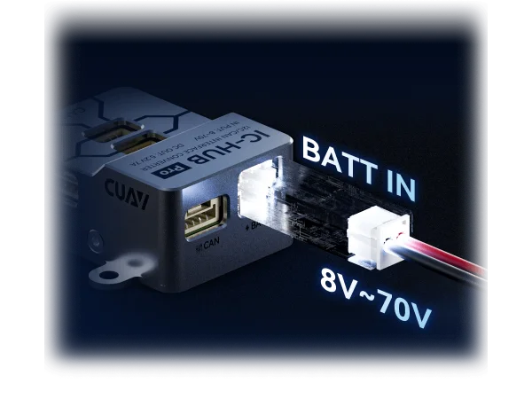 The input voltage range is 8V~70V.输⼊电压范围 8V~70V。IC-HUB Pro