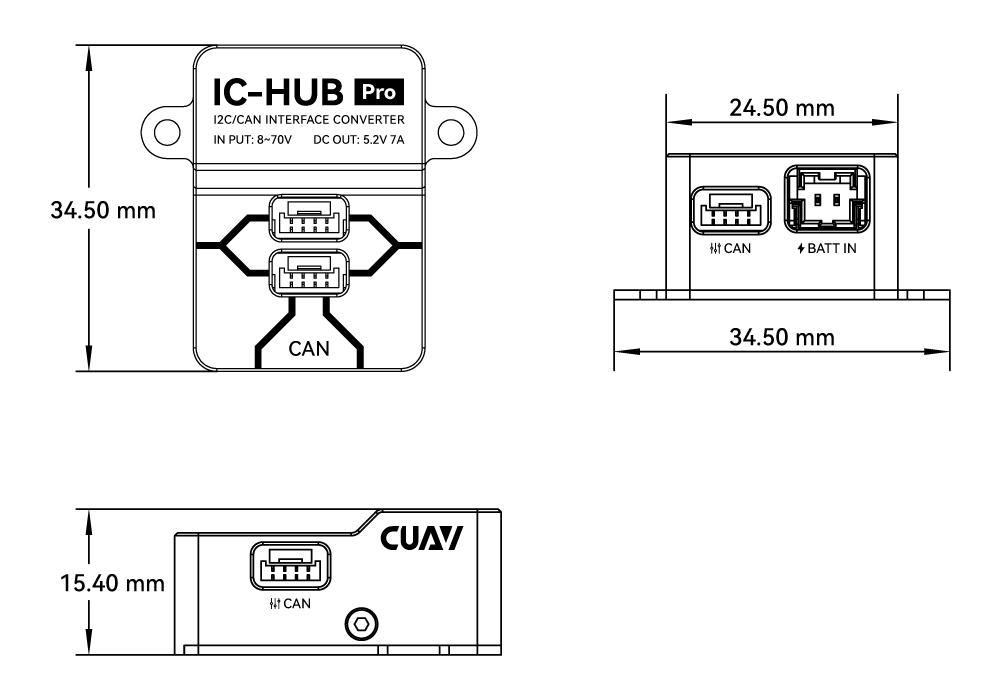IIC/CAN General -Purpose Bus Expansion Module Dimension.IIC/CAN 通⽤总线扩展模块尺寸。IC-HUB Pro